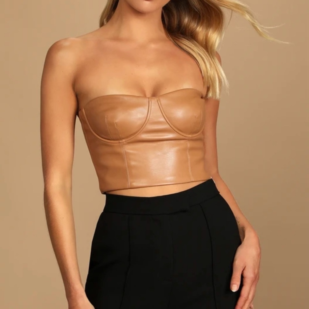 Lulu's Women's Size L Tan Strapless Vegan Leather Crop Top Bustier